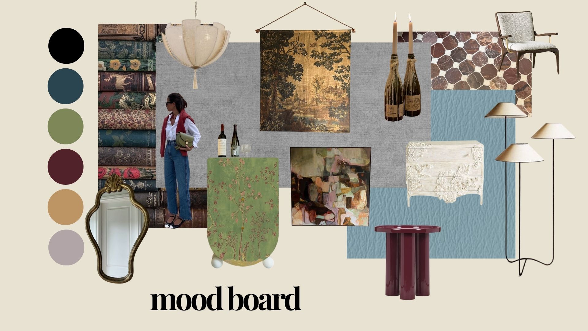 Example mood board by Puleo Designs featuring color palette, textures, furniture inspiration, and style references